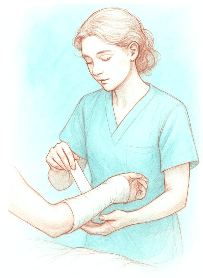 A caring medical professional in light blue scrubs carefully wrapping a white bandage around a patient's forearm with focused attention and gentle care
